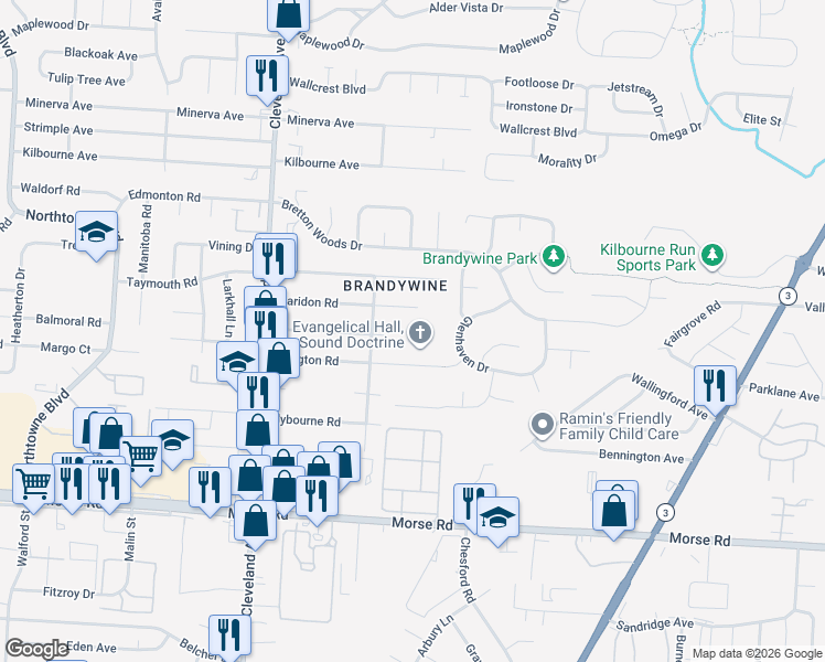 map of restaurants, bars, coffee shops, grocery stores, and more near 2695 Claridon Road in Columbus