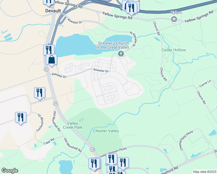 map of restaurants, bars, coffee shops, grocery stores, and more near 303 Blue Welsh Street in Malvern