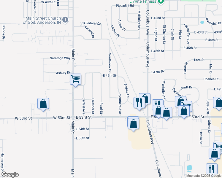 map of restaurants, bars, coffee shops, grocery stores, and more near 4922 Southview Dr in Anderson