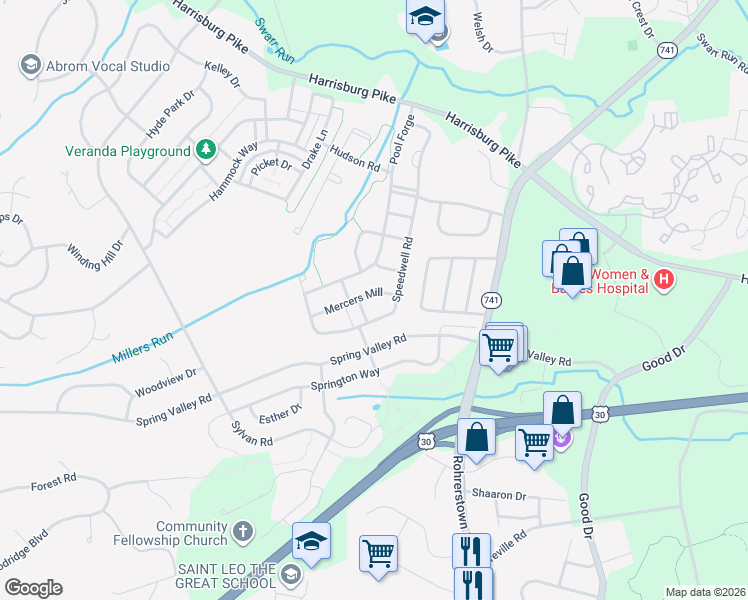 map of restaurants, bars, coffee shops, grocery stores, and more near 1813 Mercers Mill in Lancaster