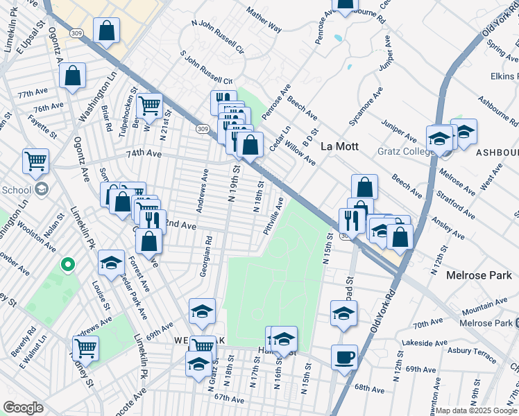 map of restaurants, bars, coffee shops, grocery stores, and more near 7249 North 18th Street in Philadelphia