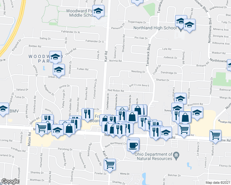 map of restaurants, bars, coffee shops, grocery stores, and more near 4791 Stonecastle Drive in Columbus