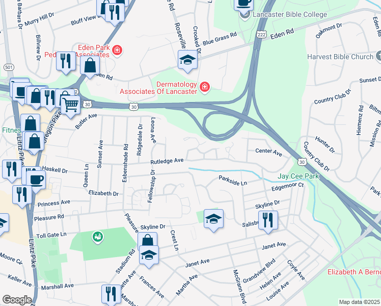map of restaurants, bars, coffee shops, grocery stores, and more near 310 Meetinghouse Lane in Lancaster