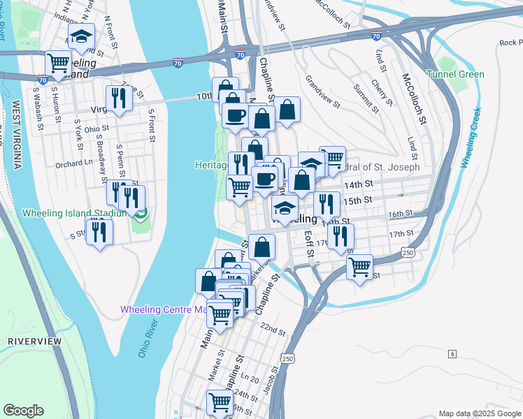 map of restaurants, bars, coffee shops, grocery stores, and more near 1425 Market Street in Wheeling