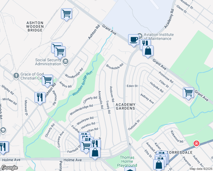 map of restaurants, bars, coffee shops, grocery stores, and more near 9331 Treaty Road in Philadelphia