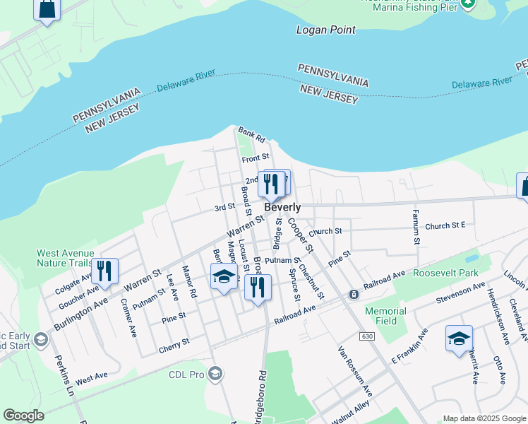 map of restaurants, bars, coffee shops, grocery stores, and more near 401 Laurel Street in Beverly