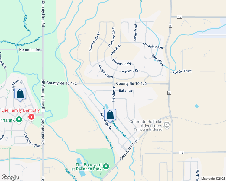 map of restaurants, bars, coffee shops, grocery stores, and more near Baker Lane in Erie