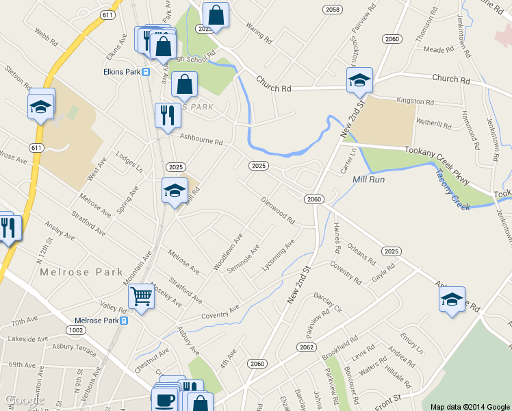 map of restaurants, bars, coffee shops, grocery stores, and more near 7720 Woodlawn Avenue in Melrose Park