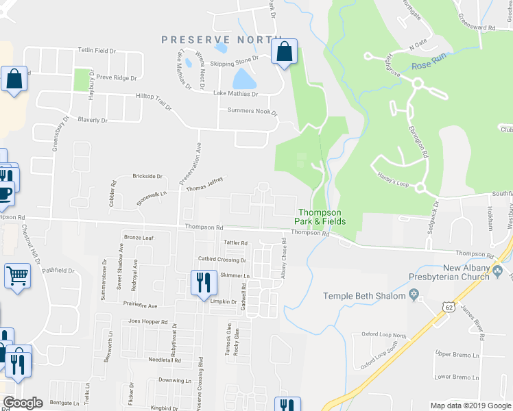 map of restaurants, bars, coffee shops, grocery stores, and more near 4140 Palmer Park Circle in New Albany