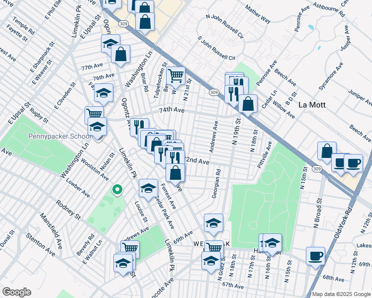 map of restaurants, bars, coffee shops, grocery stores, and more near 7224 North 20th Street in Philadelphia