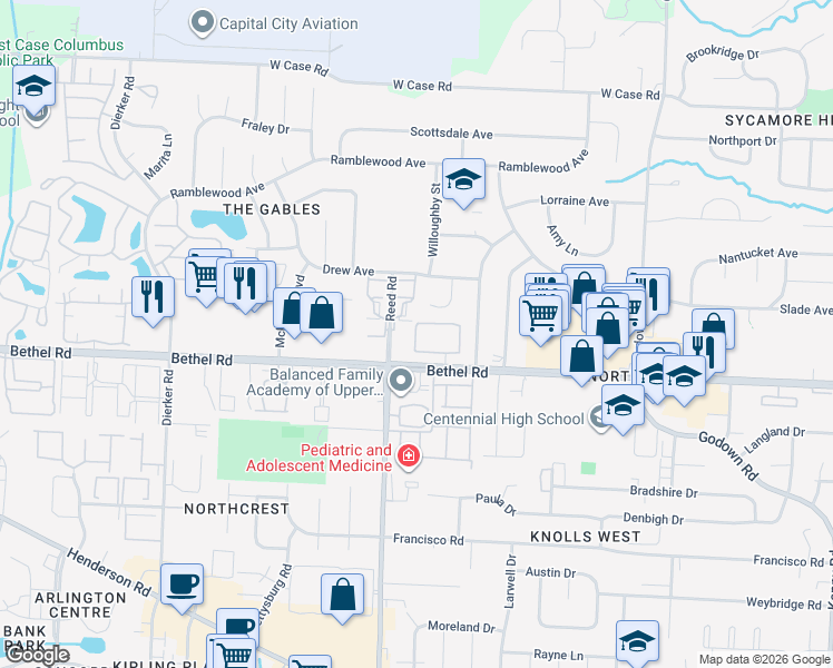 map of restaurants, bars, coffee shops, grocery stores, and more near 5296 Bethel Woods Drive in Columbus