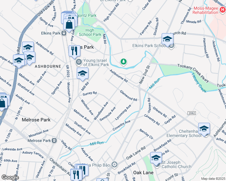 map of restaurants, bars, coffee shops, grocery stores, and more near 7720 Woodlawn Avenue in Melrose Park
