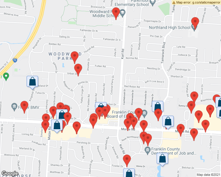 map of restaurants, bars, coffee shops, grocery stores, and more near 4803 Colonel Perry Drive in Columbus