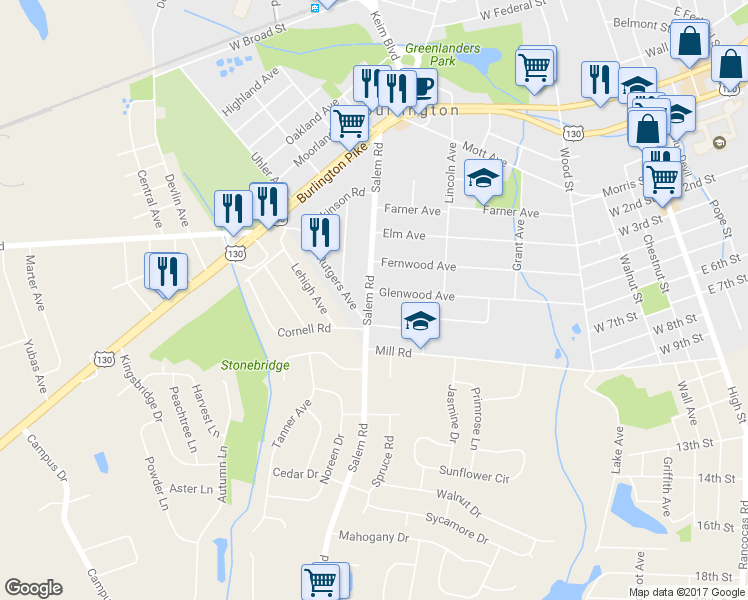 map of restaurants, bars, coffee shops, grocery stores, and more near 1105 Salem Road in Burlington