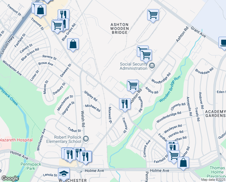 map of restaurants, bars, coffee shops, grocery stores, and more near 2732 Meetinghouse Road in Philadelphia