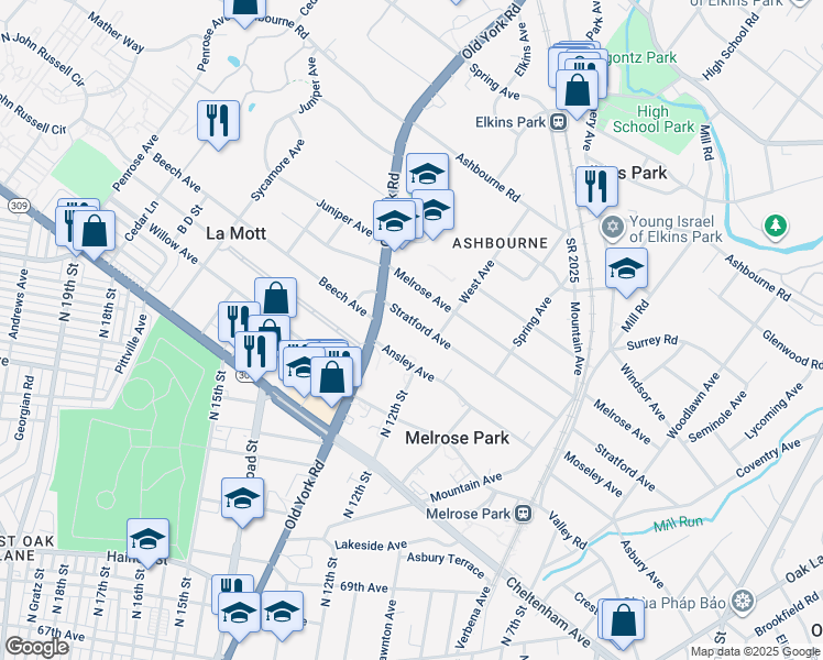 map of restaurants, bars, coffee shops, grocery stores, and more near 1206 Stratford Avenue in Melrose Park
