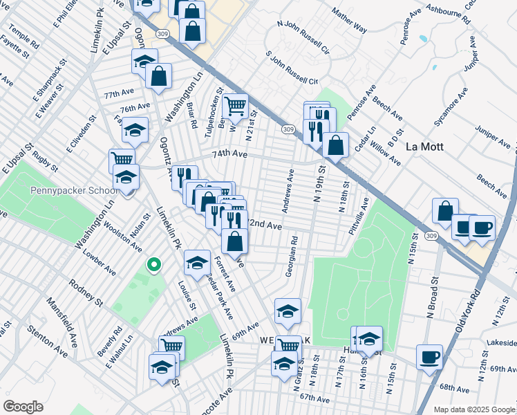 map of restaurants, bars, coffee shops, grocery stores, and more near 7223 North 20th Street in Philadelphia