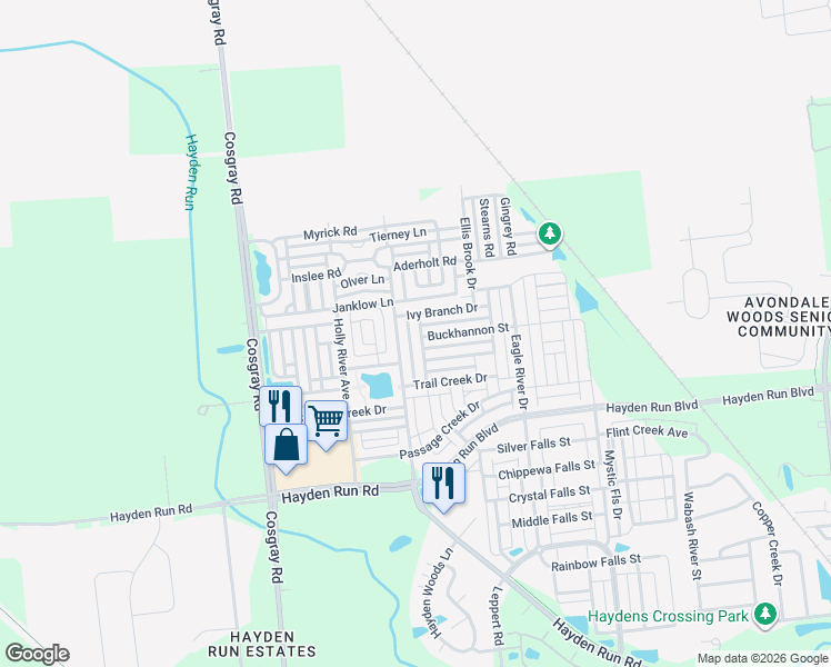 map of restaurants, bars, coffee shops, grocery stores, and more near 5573 Goose Falls Drive in Dublin