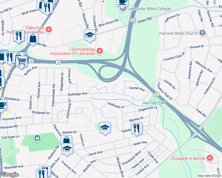 map of restaurants, bars, coffee shops, grocery stores, and more near 105 Delancy Place in Lancaster