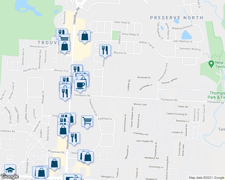 map of restaurants, bars, coffee shops, grocery stores, and more near 4139 Windsor Bridge Place in New Albany
