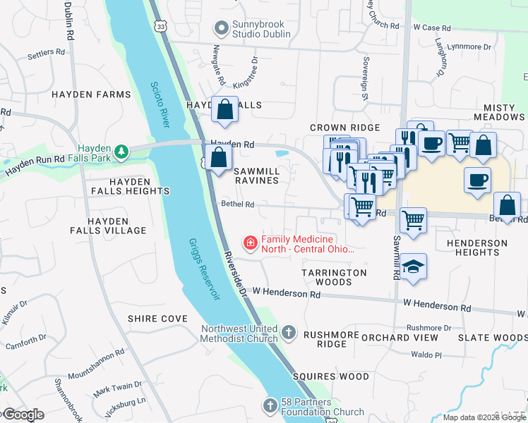 map of restaurants, bars, coffee shops, grocery stores, and more near 5414 Bennington Woods Court in Columbus