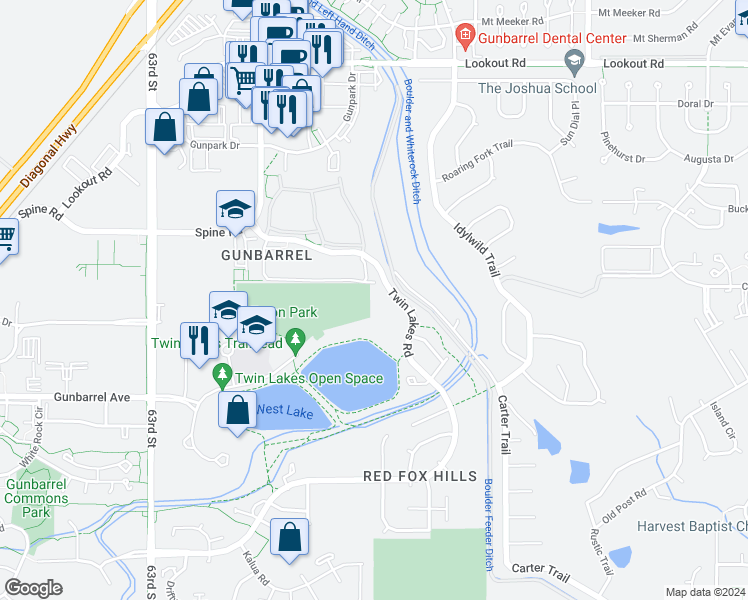 map of restaurants, bars, coffee shops, grocery stores, and more near 4975 Twin Lakes Road in Boulder