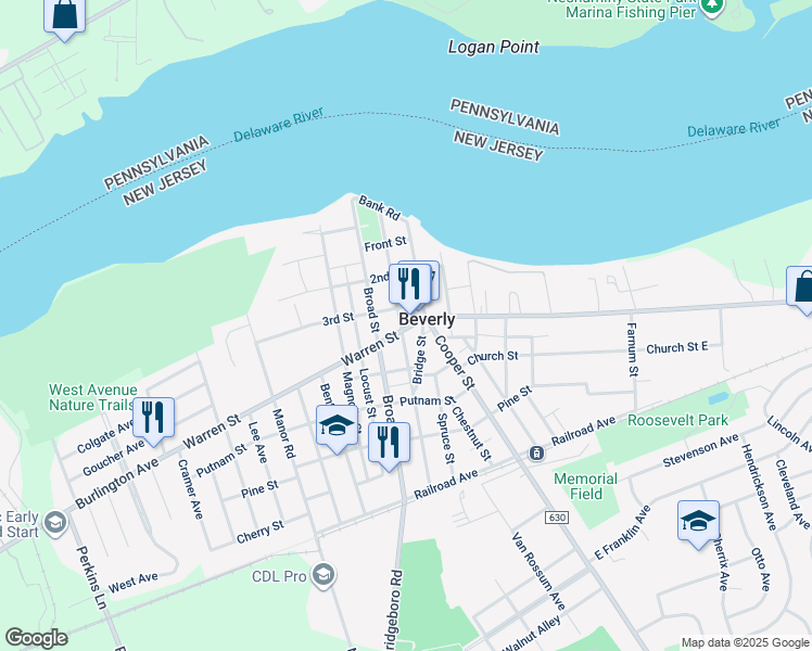 map of restaurants, bars, coffee shops, grocery stores, and more near 401 Laurel Street in Beverly