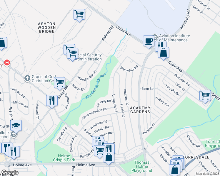 map of restaurants, bars, coffee shops, grocery stores, and more near 9338 Annapolis Road in Philadelphia