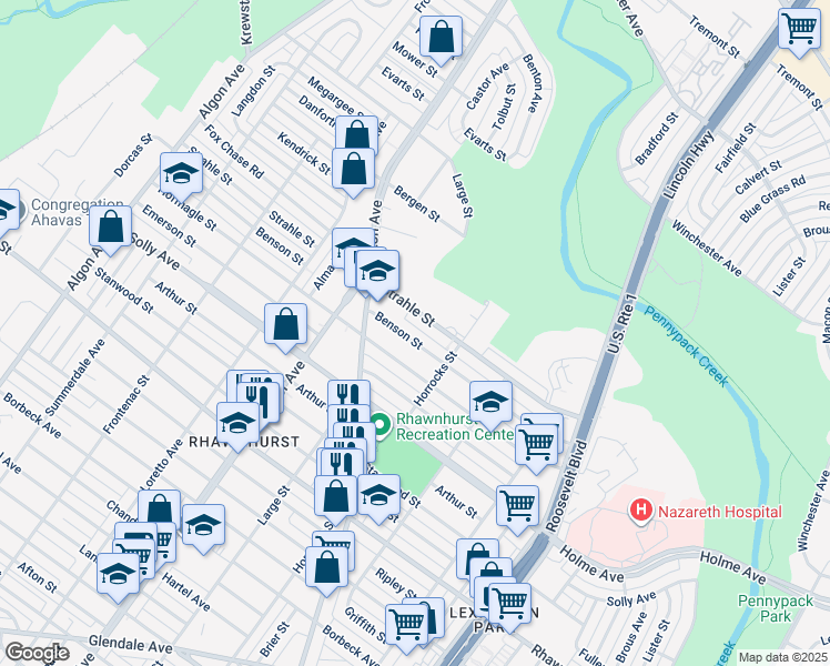 map of restaurants, bars, coffee shops, grocery stores, and more near 2141 Benson Street in Philadelphia