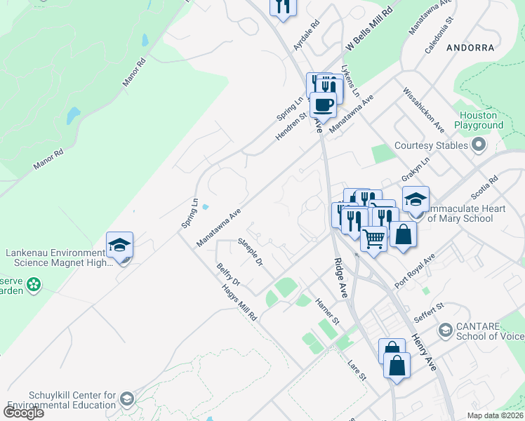 map of restaurants, bars, coffee shops, grocery stores, and more near 401-713 Manatawna Avenue in Philadelphia
