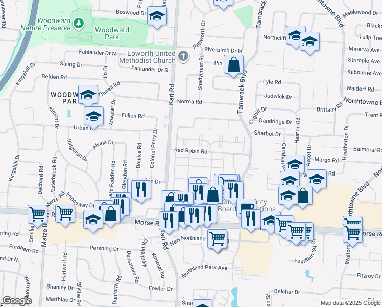 map of restaurants, bars, coffee shops, grocery stores, and more near 4791 Stonecastle Drive in Columbus