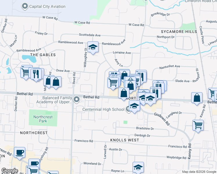 map of restaurants, bars, coffee shops, grocery stores, and more near 5270 Portland Street in Columbus