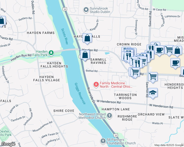 map of restaurants, bars, coffee shops, grocery stores, and more near 5304 Riverside Drive in Columbus