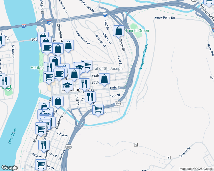map of restaurants, bars, coffee shops, grocery stores, and more near 1513 Wood Street in Wheeling