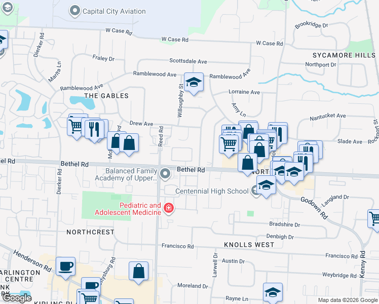 map of restaurants, bars, coffee shops, grocery stores, and more near 5287 Berrywood Drive in Columbus