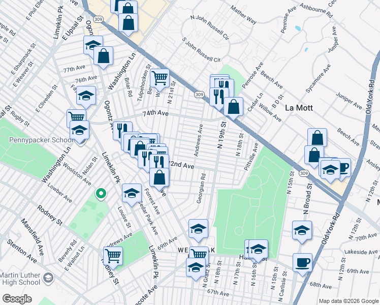 map of restaurants, bars, coffee shops, grocery stores, and more near 1976 Elston Street in Philadelphia