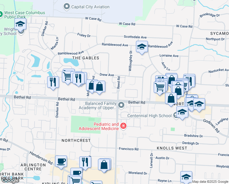 map of restaurants, bars, coffee shops, grocery stores, and more near 5319 Tartan Lane in Columbus