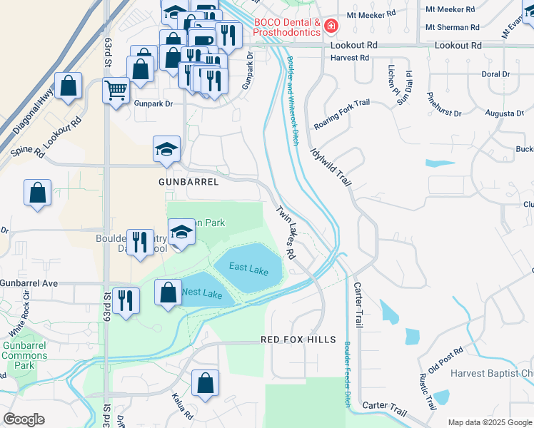 map of restaurants, bars, coffee shops, grocery stores, and more near 4975 Twin Lakes Road in Boulder