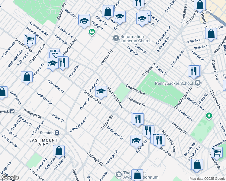 map of restaurants, bars, coffee shops, grocery stores, and more near 1001 East Hortter Street in Philadelphia