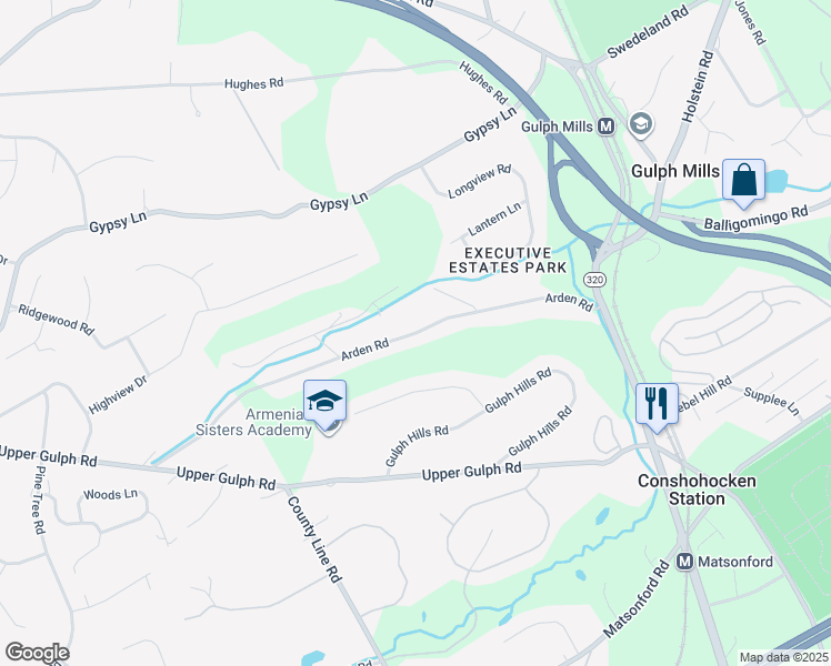 map of restaurants, bars, coffee shops, grocery stores, and more near 245 Arden Road in Conshohocken