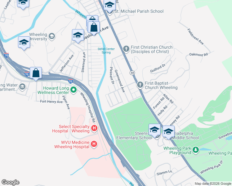 map of restaurants, bars, coffee shops, grocery stores, and more near 58 Pleasant Drive in Wheeling