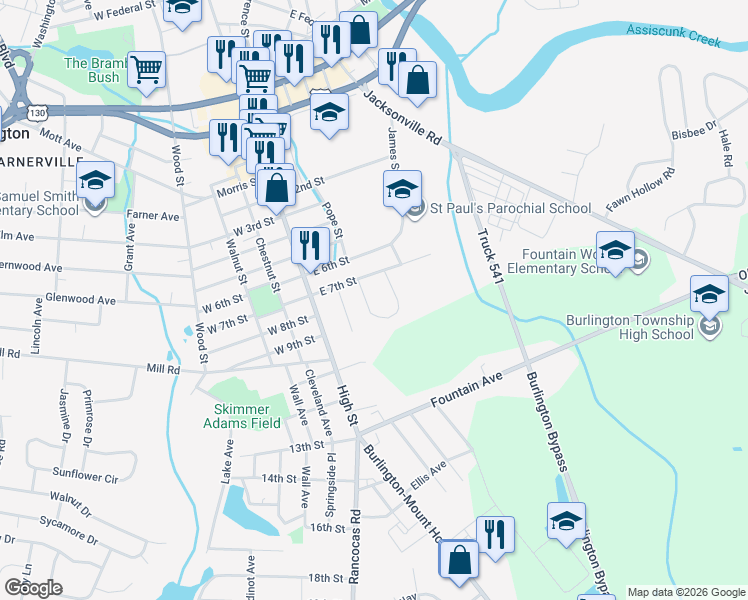 map of restaurants, bars, coffee shops, grocery stores, and more near 19 Wellington Place in Burlington