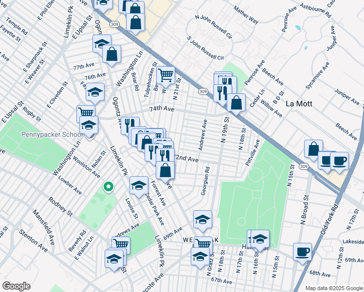map of restaurants, bars, coffee shops, grocery stores, and more near 7225 North 20th Street in Philadelphia