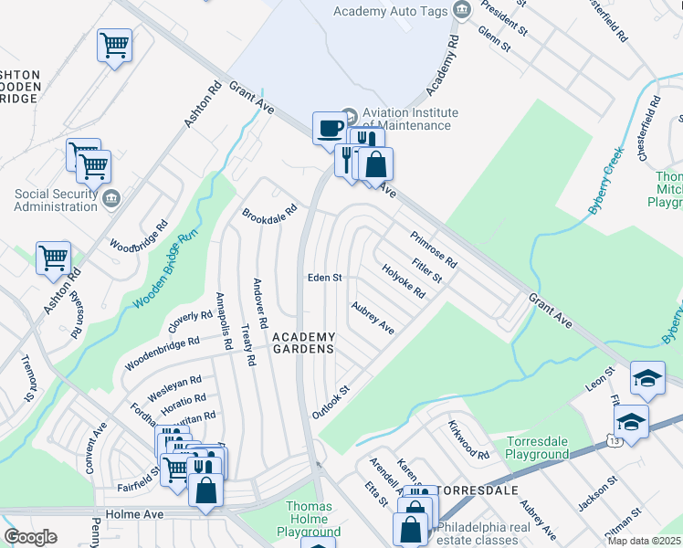 map of restaurants, bars, coffee shops, grocery stores, and more near 9400 Kirkwood Road in Philadelphia