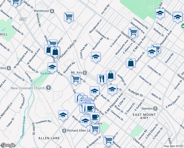 map of restaurants, bars, coffee shops, grocery stores, and more near 202 East Gowen Avenue in Philadelphia