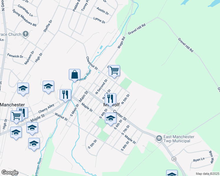 map of restaurants, bars, coffee shops, grocery stores, and more near 144 3rd Street in Mount Wolf