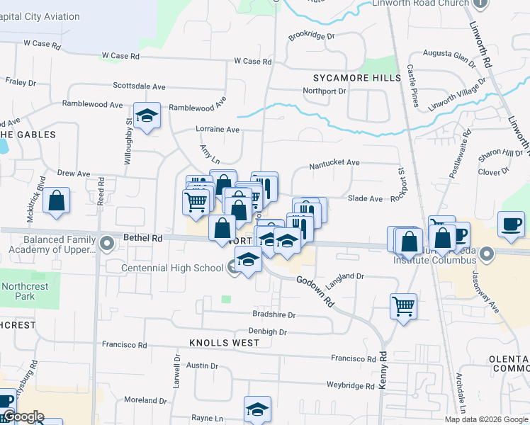 map of restaurants, bars, coffee shops, grocery stores, and more near 5244 Godown Road in Columbus