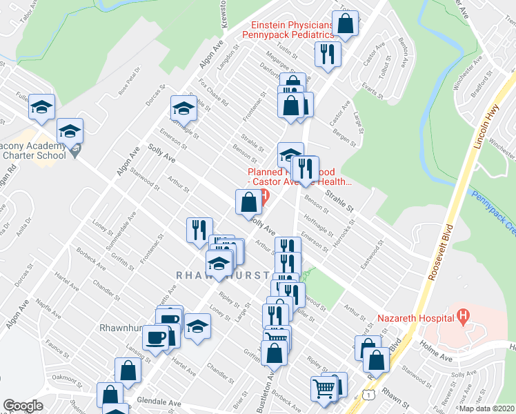 map of restaurants, bars, coffee shops, grocery stores, and more near 1924 Emerson Street in Philadelphia