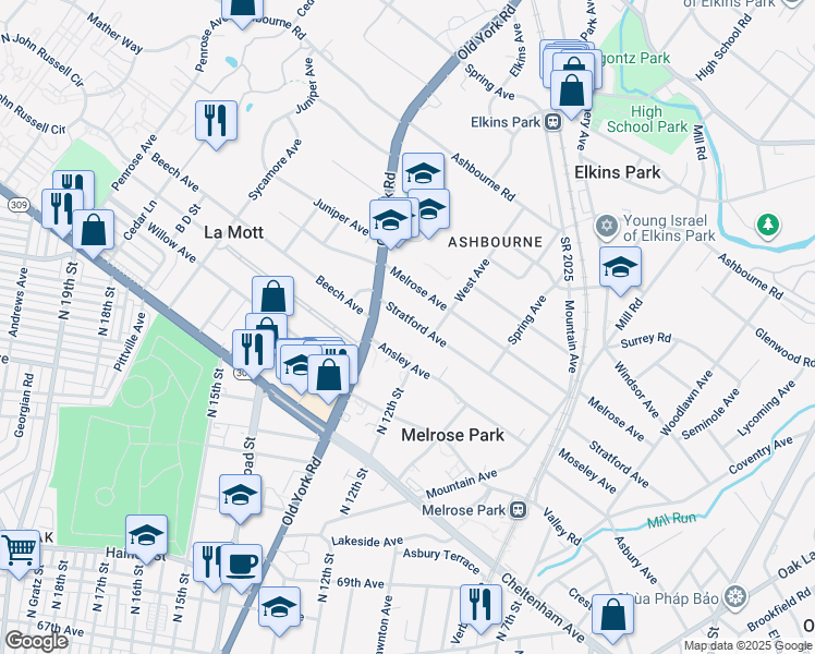 map of restaurants, bars, coffee shops, grocery stores, and more near 1206 Stratford Avenue in Melrose Park