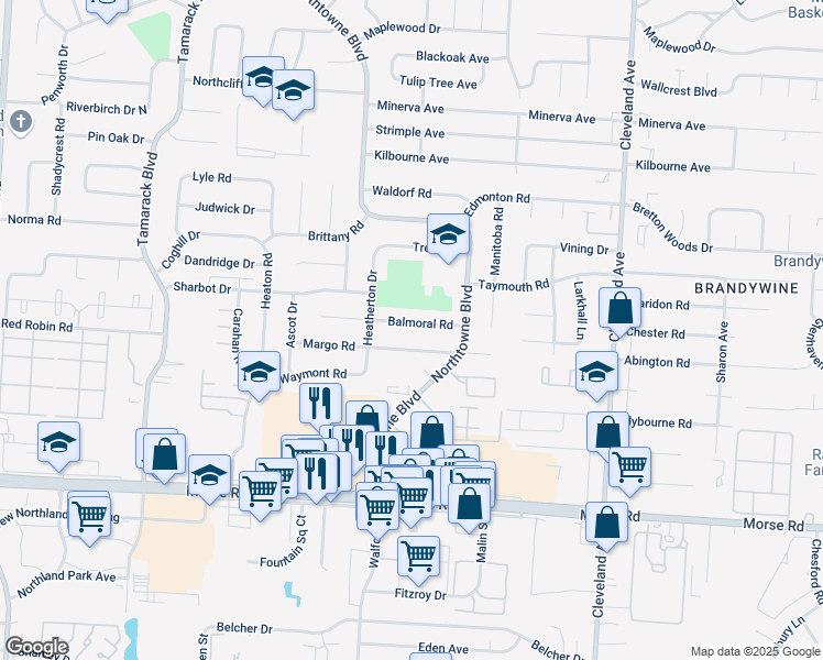 map of restaurants, bars, coffee shops, grocery stores, and more near 2183 Balmoral Road in Columbus